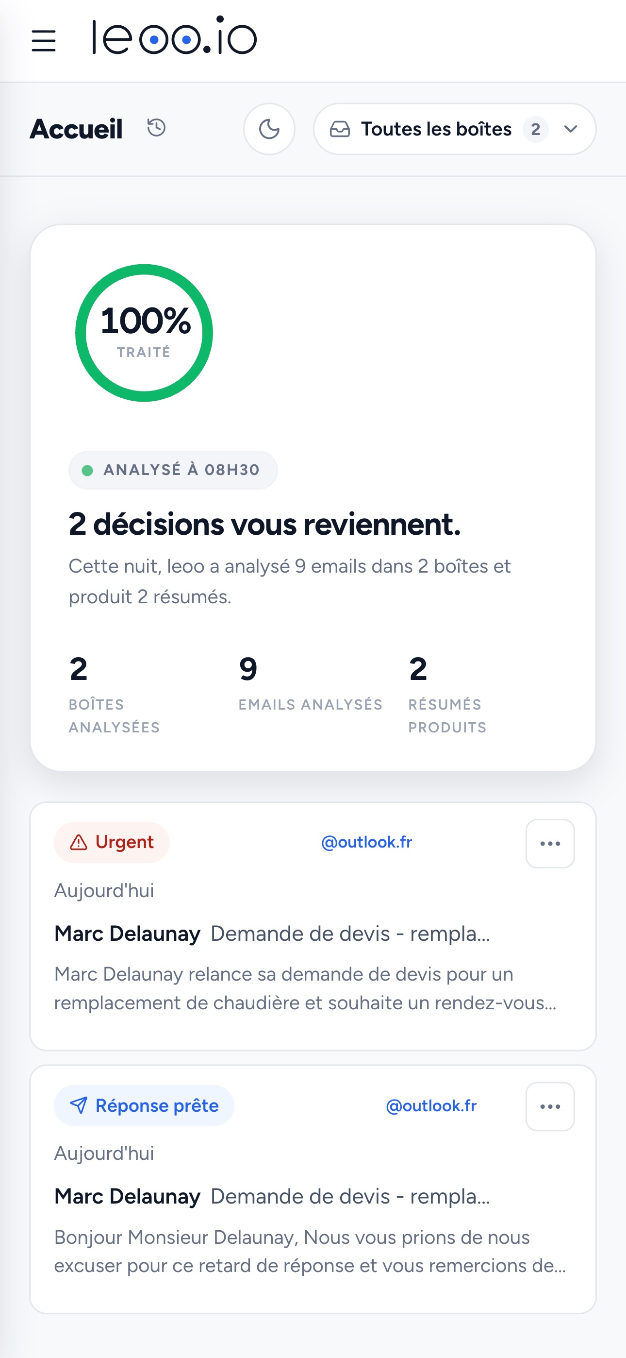 Écran d'accueil de leoo : le résumé du matin