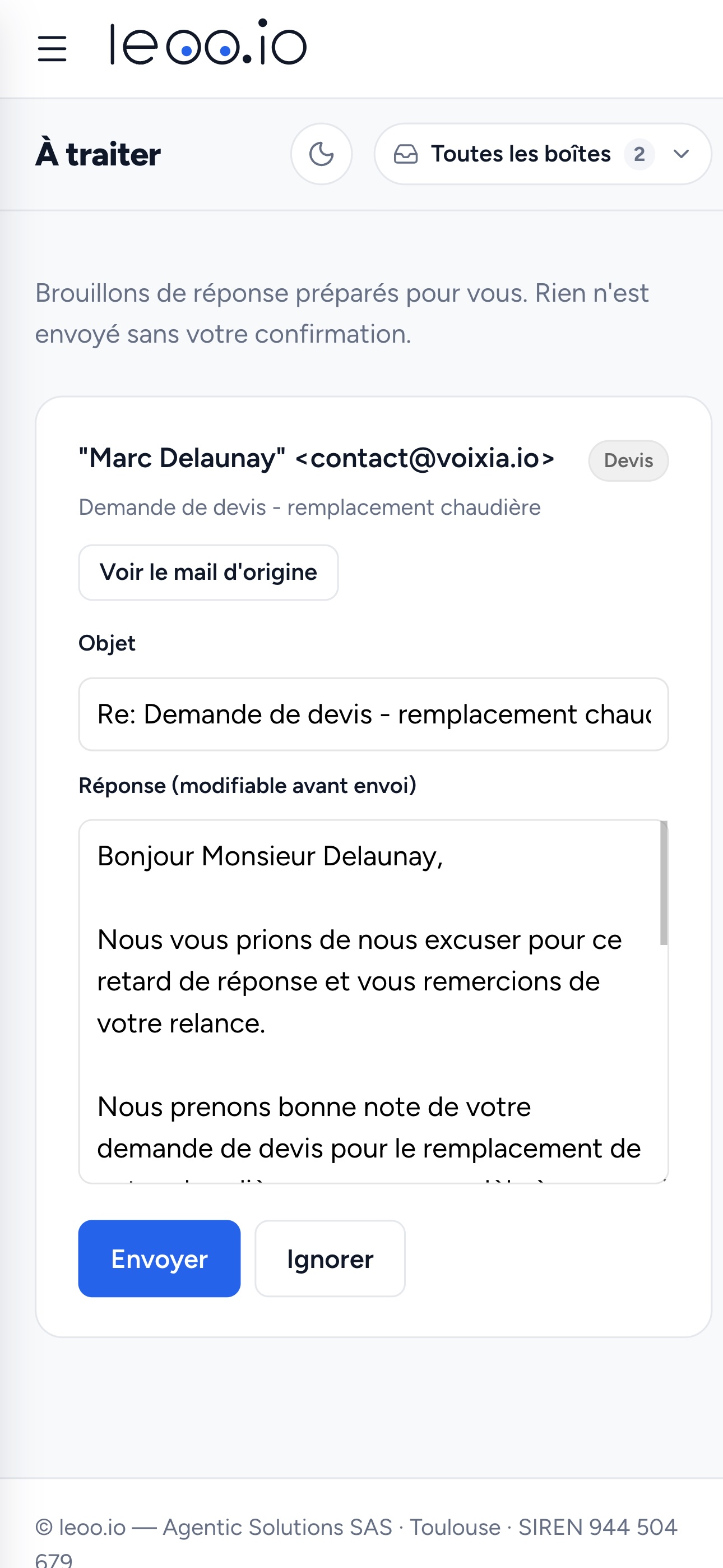 Un brouillon de réponse préparé par leoo, prêt à relire