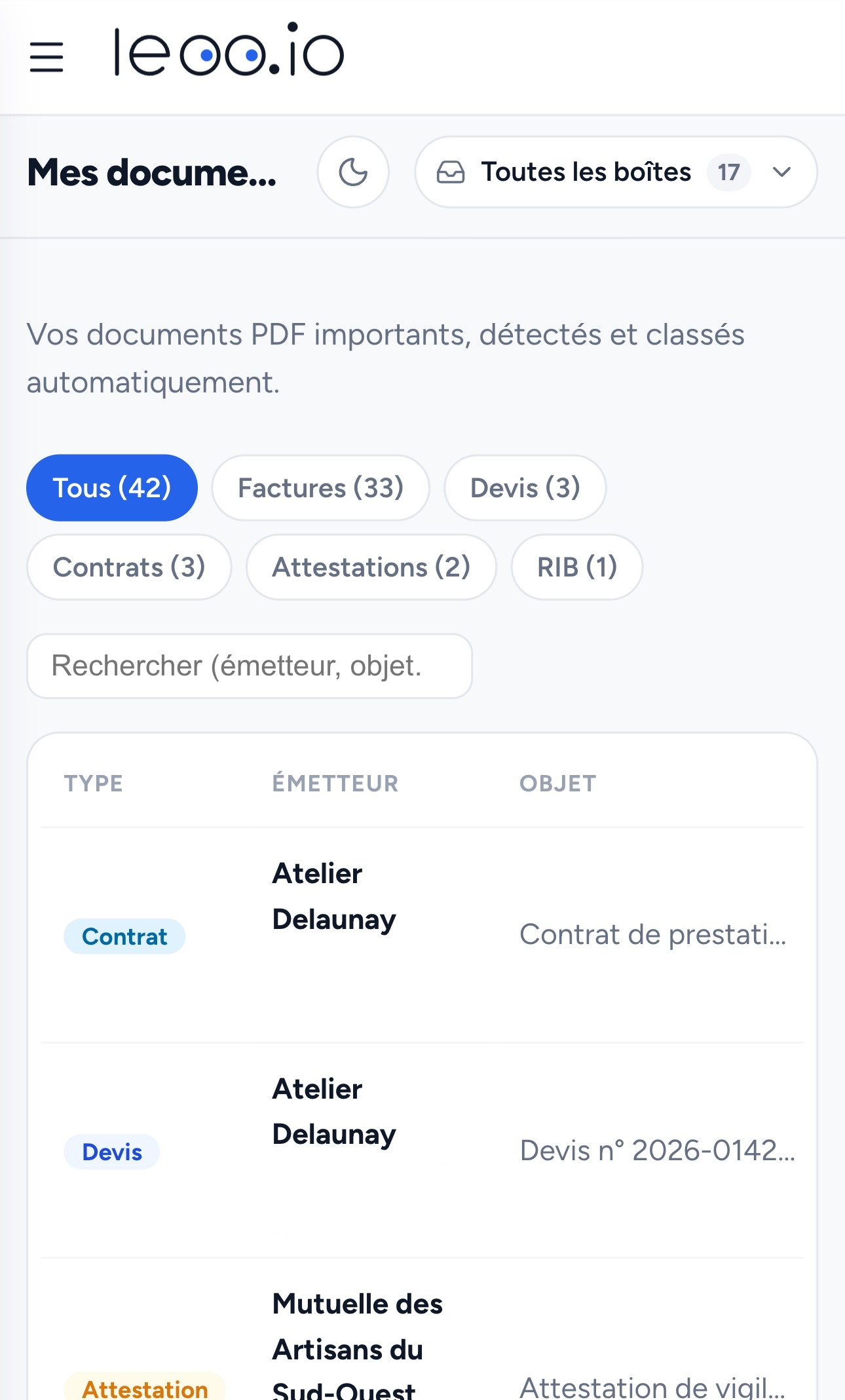 La page Mes documents de leoo : factures, devis et contrats classés